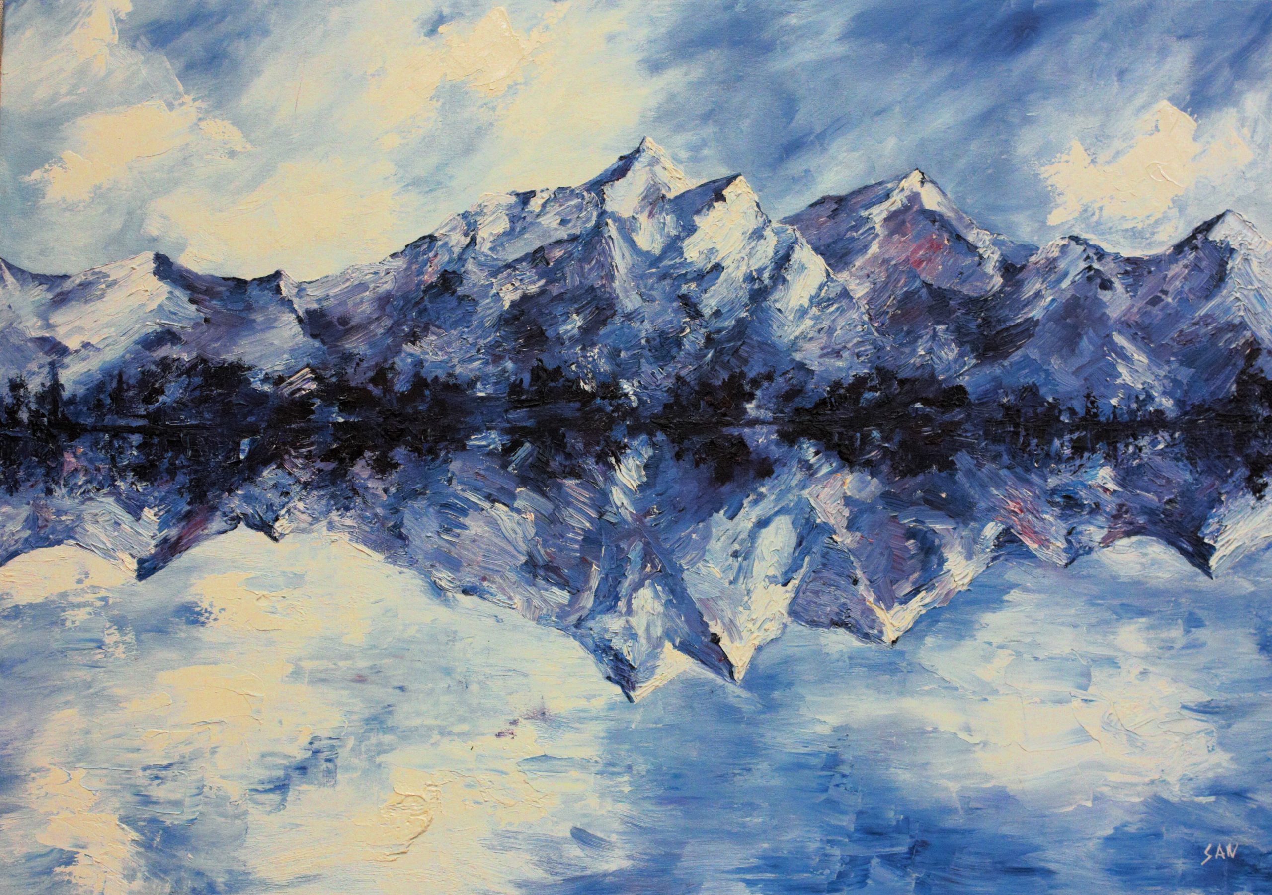 Cuadro en óleo que muestra la simplificación y el reflejo de montañas en Alaska sobre un lago helado